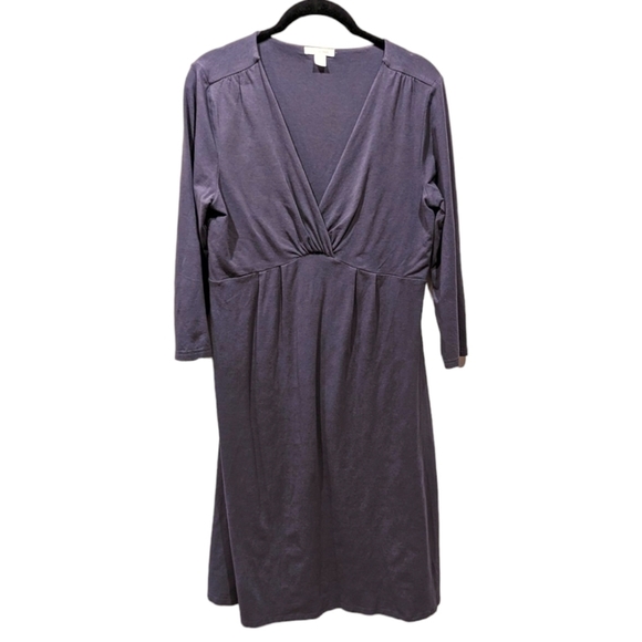 Garnet Hill Dresses & Skirts - Garnet Hill Faux Wrap Surplice Neckline Gathered Mocha Stretchy Jersey Dress (M)
